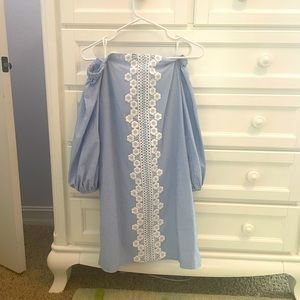 Eliza J off shoulder long sleeve blue and white seersucker dress